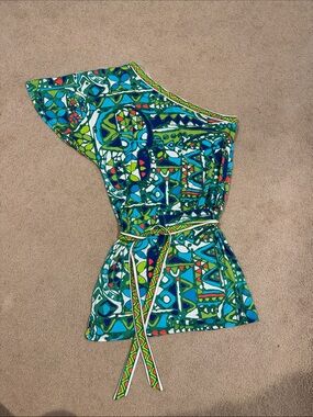 Trina Turk Green Blue One-Shoulder Geometric Swim Coverup